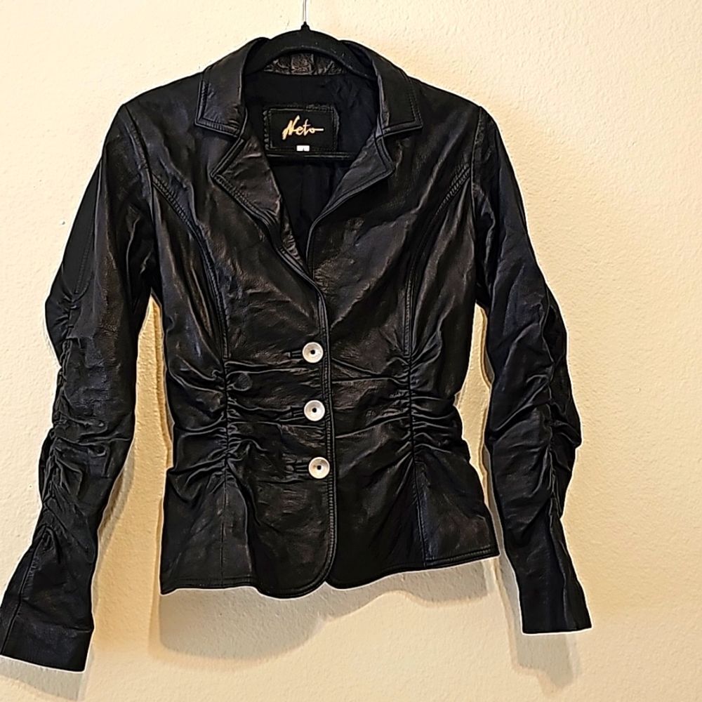 Neto Vintage Black Ruched Leather Jacket Coat Size 4